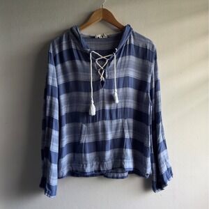 Roxy Blue Hooded Top Women Large Blue Striped Lace Up